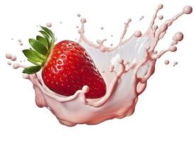 milk or yogurt splash with strawberries isolated on white background, 3d rendering. AI Generated photo