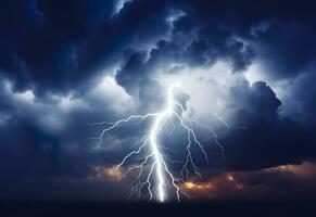 Lightning strikes on a cloudy dramatic stormy sky. AI Generated photo