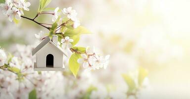 Toy house and cherry flowers, spring abstract natural background. Generative AI photo