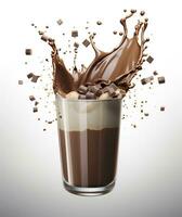 Glass with splashing cocoa, Chocolate Pouring, and splash. 3d illustration.  AI Generated photo