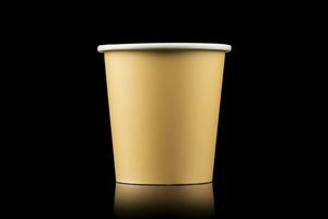 Side view yellow empty disposable paper fast food cup isolated on black background. Generative AI photo