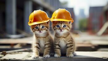 Two kittens wearing hard hats on a construction site. Generative AI photo