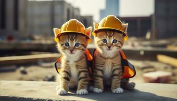 dos gatitos vistiendo difícil sombreros en un construcción sitio. generativo ai foto