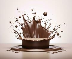 Chocolate splash with a podium, mockup background for milk product display, 3d. Generative AI photo