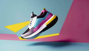 Flying trendy sneakers on creative colorful background, Stylish fashionable concept. AI Generated photo