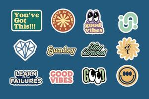 Sticker set Cute vector template decorated with cartoon image and aesthetic quotes graphic design