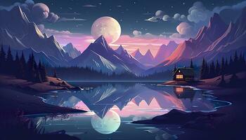 luz de la luna montaña escena, casa junto a un lago. ai generativo foto