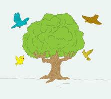 Birds flying around green tree vector