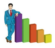 Businessman standing with bar chart. Man in three piece suit standing with confidence. vector