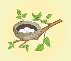 Bird nest with two eggs on branch with leaves isolated. Springtime, cartoon bright, cute stock vector illustration. Closeup view, natural decoration, safety home.