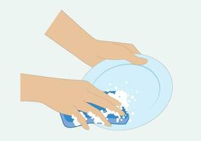 Washing plate by hand and sponge vector