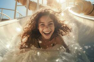 Kid smiling playing slider at amusement park. Generative Ai. photo