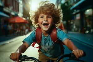 Child boy rides a bicycle. Generative Ai. photo