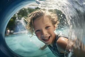 Kid smiling playing slider at amusement park. Generative Ai. photo