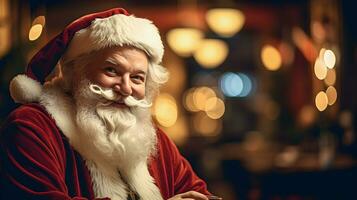 contento antiguo Papa Noel claus vistiendo sombrero en el Navidad víspera. generativo ai. foto