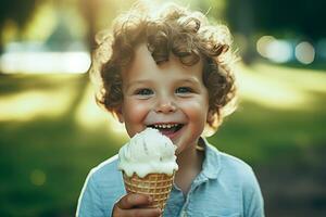 linda chico participación helado en gofre cono a el parque. generativo ai. foto