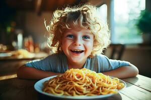 Happy child eating fresh cooked health meal with noodles. Generative Ai. photo