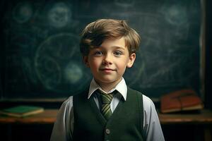 Cute boy with blackboard background. Generative Ai. photo