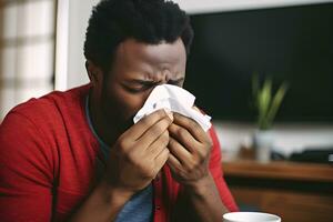 joven hombre tiene nariz alergia. gripe concepto. generativo ai. foto