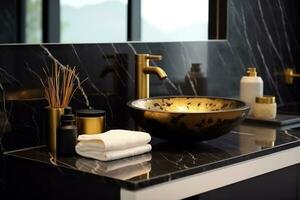 elegante baño interior con diferente artículos de aseo en negro oro mármol encimera encimera y moderno buque lavabo ai generado foto