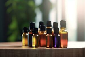 bunch of essential oil bottle in a table AI Generated photo
