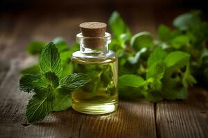 Peppermint essential oil alongside Peppermint leaves on a table AI Generated photo