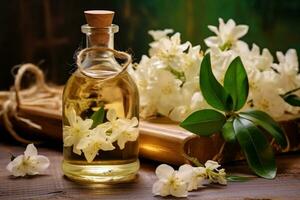 Jasmine essential oil alongside Jasmine on a table ai generated photo