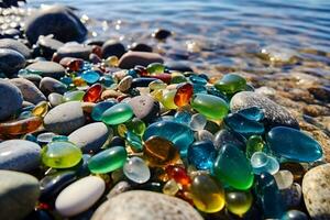 Natural polish textured sea glasses and stones on the seashore ai generated photo