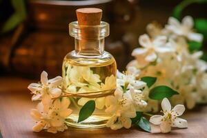 Jasmine essential oil alongside Jasmine on a table ai generated photo