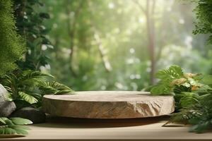 3d rendering stone product display podium for product with green nature garden background ai generated photo