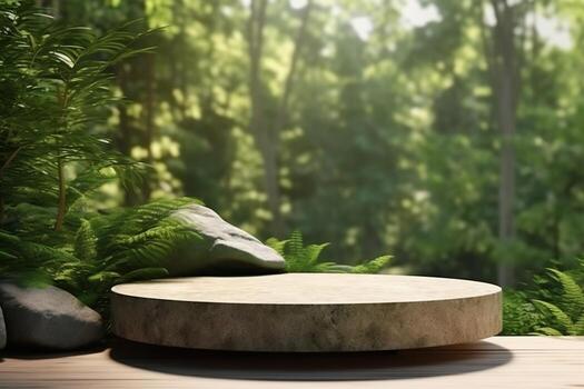 3d rendering stone product display podium for product with green nature garden background ai generated photo