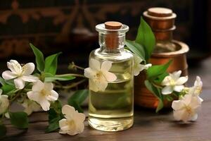 Jasmine essential oil alongside Jasmine on a table ai generated photo