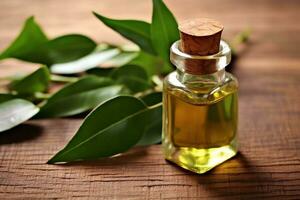 Tea Tree essential oil alongside Tea Tree and leaves on a table ai generated photo