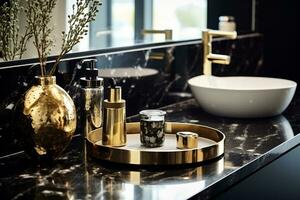 Elegant bathroom interior with different toiletries on black gold marble countertop countertop and modern vessel sink AI Generated photo