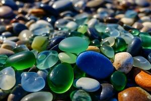 Natural polish textured sea glasses and stones on the seashore ai generated photo