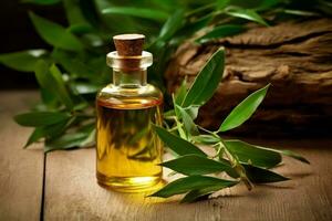 Tea Tree essential oil alongside Tea Tree and leaves on a table ai generated photo