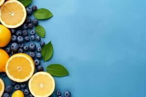 Summer background with lemon fruits, orange, blueberries and mint leaves ai generated photo