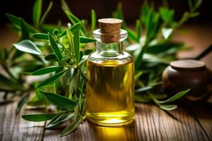 Tea Tree essential oil alongside Tea Tree and leaves on a table ai generated photo
