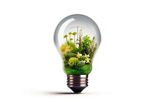 Eco friendly lightbulb with plants white background ai generated photo