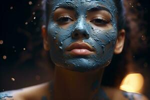 Young happy woman making facial massage with organic face scrub. Generative Ai. photo