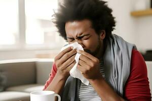 joven hombre tiene nariz alergia. gripe concepto. generativo ai. foto