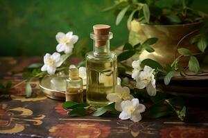 Jasmine essential oil alongside Jasmine on a table ai generated photo