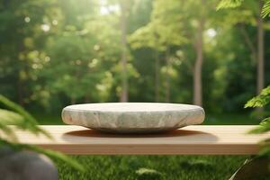 3d rendering stone product display podium for product with green nature garden background ai generated photo