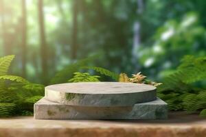 3d rendering stone product display podium for product with green nature garden background ai generated photo