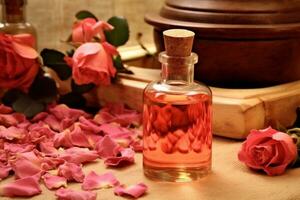 rose essential oil alongside rose and rose leaves on a table Ai Generated photo