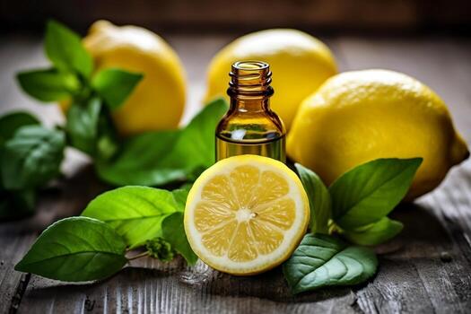 limón esencial petróleo junto a limón y limón hojas en un mesa ai generado foto