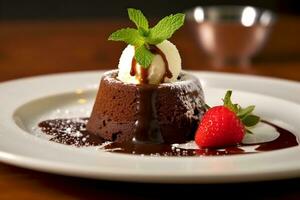 Mini chocolate cake or fondant cake with ice cream topped  Ai Generated photo