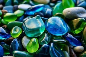 Natural polish textured sea glasses and stones on the seashore ai generated photo