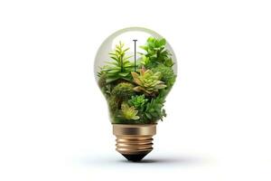 Eco friendly lightbulb with plants white background ai generated photo