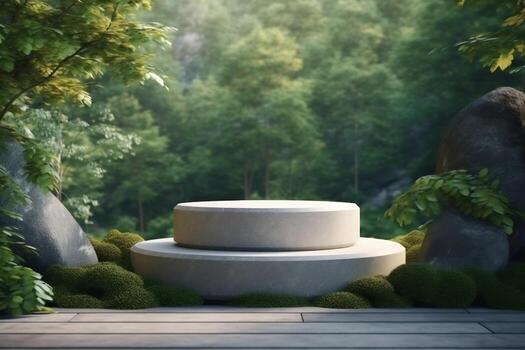 3d rendering stone product display podium for product with green nature garden background ai generated photo